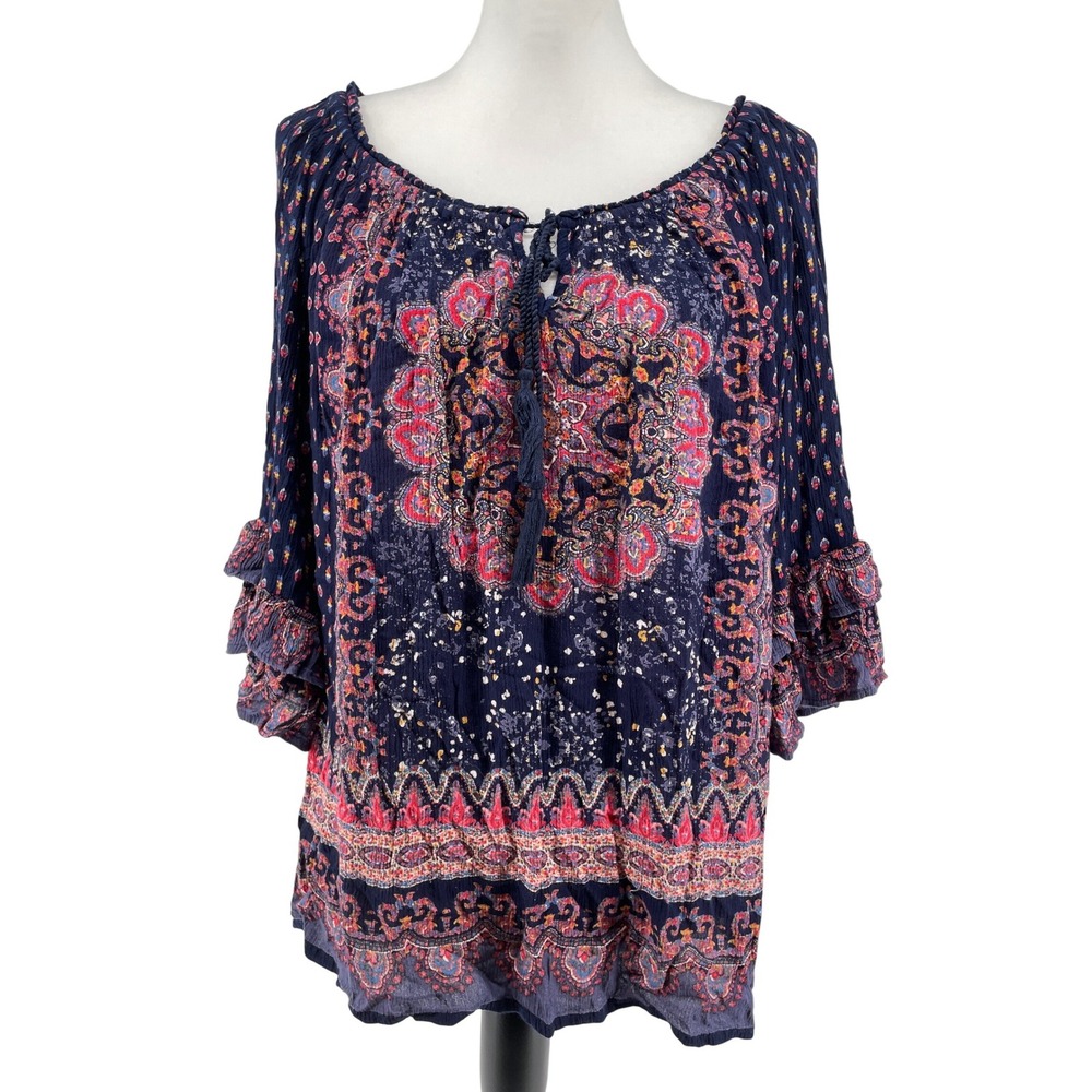 Peasant Top Womens XL Navy Pink Paisley Western Boho Hippie Artsy Ruffle Sleeve‎